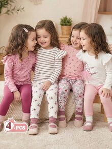SHEIN 4件組嬰兒/幼兒女童休閒百搭極簡風舒適親膚內搭褲，黑白條紋、粉色、杏色純色，高CP值，適合春夏日常休閒穿著或外出 - 粉色 - 查看 11