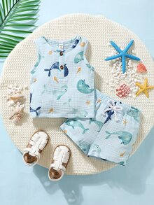 SHEIN 2pcs Baby Boy Cute Whale Printed Casual Cute Short Sleeve Outfit Set Holiday Vacation Light Blue Summer - Baby Blue - View 4
