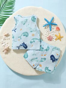 SHEIN 2pcs Baby Boy Cute Whale Printed Casual Cute Short Sleeve Outfit Set Holiday Vacation Light Blue Summer - Baby Blue - View 3
