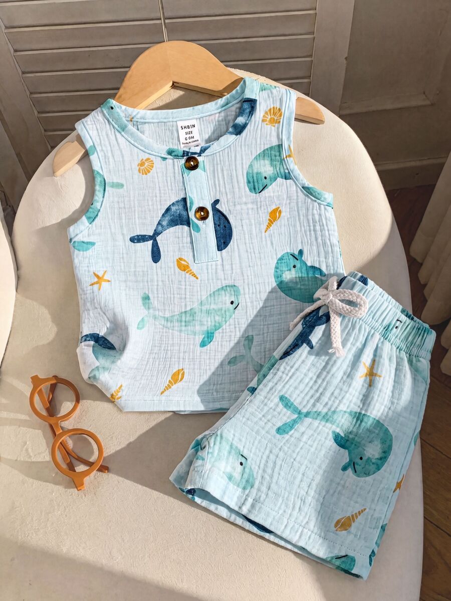 SHEIN 2pcs Baby Boy Cute Whale Printed Casual Cute Short Sleeve Outfit Set Holiday Vacation Light Blue Summer