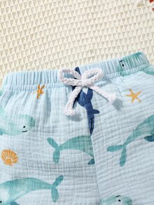 SHEIN 2pcs Baby Boy Cute Whale Printed Casual Cute Short Sleeve Outfit Set Holiday Vacation Light Blue Summer - Baby Blue - View 7
