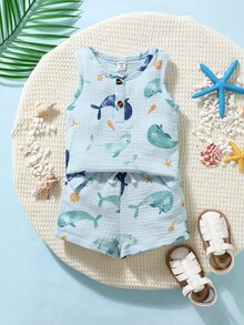 SHEIN 2pcs Baby Boy Cute Whale Printed Casual Cute Short Sleeve Outfit Set Holiday Vacation Light Blue Summer - Baby Blue - View 5