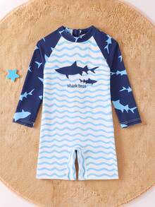 SHEIN Boys One-Piece Swimsuit With Colorful Whale & Octopus Prints, Long Sleeve & Bermuda Shorts, Front Zipper Design, For Summer Pool & Beach - Multicolor - View 4