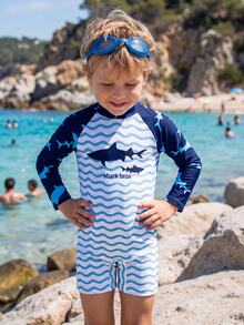 SHEIN Boys One-Piece Swimsuit With Colorful Whale & Octopus Prints, Long Sleeve & Bermuda Shorts, Front Zipper Design, For Summer Pool & Beach - Multicolor - View 1
