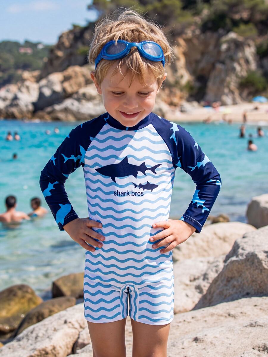 SHEIN Boys One-Piece Swimsuit With Colorful Whale & Octopus Prints, Long Sleeve & Bermuda Shorts, Front Zipper Design, For Summer Pool & Beach - Multicolor - View 1