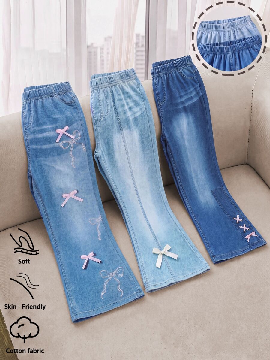 Elladie kids [2pcs Random] Girls Printed Bowknot Long Pants Set, Randomly Sent, Flared 2 Pieces Set, School Travel Other Occasions Purple Rainbow Spring - Blue - View 1