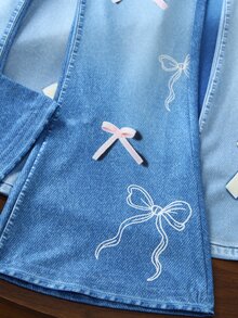 Elladie kids [2pcs Random] Girls Printed Bowknot Long Pants Set, Randomly Sent, Flared 2 Pieces Set, School Travel Other Occasions Purple Rainbow Spring - Blue - View 6