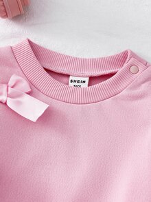 SHEIN 2pcs/Set Baby Girl Autumn/Winter Pink Purple Stylish Cute Bow Long Sleeve Sweatshirt Top And Pants Outfit Set Rave Family Cute Modest Matching - Pink - View 9