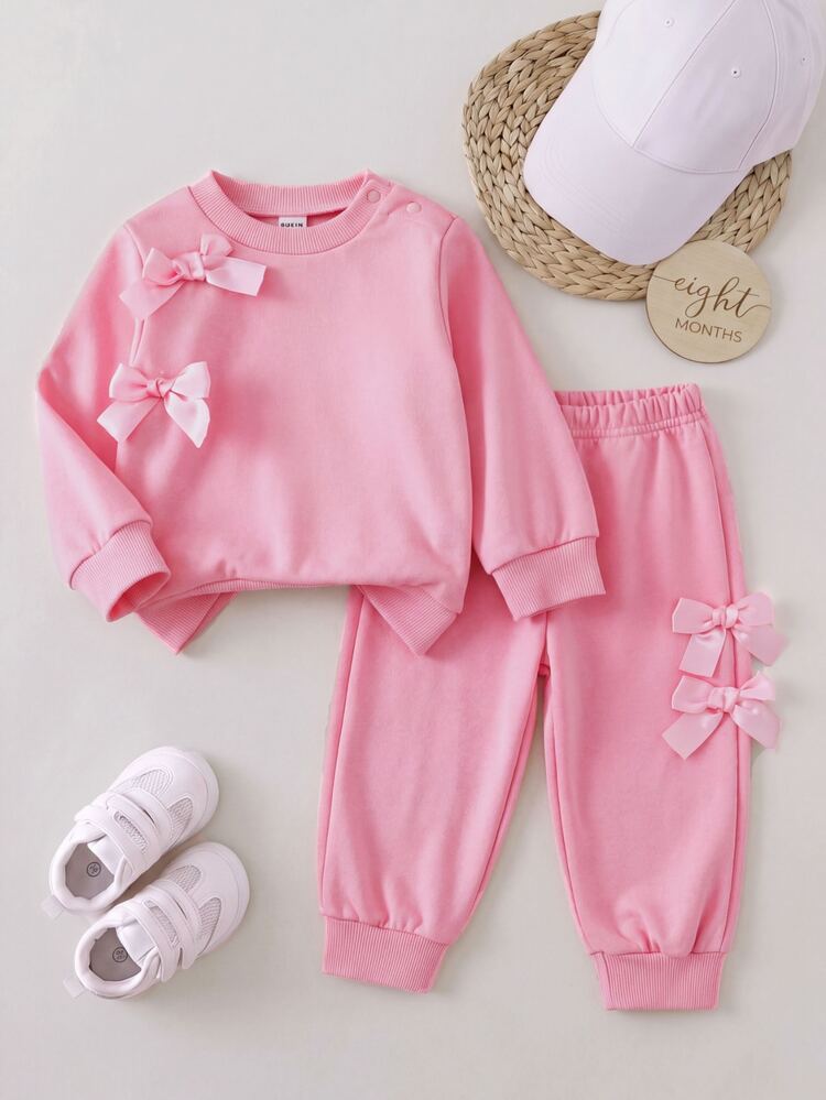 SHEIN 2pcs/Set Baby Girl Autumn/Winter Pink Purple Stylish Cute Bow Long Sleeve Sweatshirt Top And Pants Outfit Set Rave Family Cute Modest Matching - Pink - View 2
