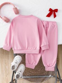 SHEIN 2pcs/Set Baby Girl Autumn/Winter Pink Purple Stylish Cute Bow Long Sleeve Sweatshirt Top And Pants Outfit Set Rave Family Cute Modest Matching - Pink - View 3