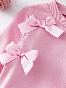 SHEIN 2pcs/Set Baby Girl Autumn/Winter Pink Purple Stylish Cute Bow Long Sleeve Sweatshirt Top And Pants Outfit Set Rave Family Cute Modest Matching - Pink - View 6