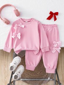 SHEIN 2pcs/Set Baby Girl Autumn/Winter Pink Purple Stylish Cute Bow Long Sleeve Sweatshirt Top And Pants Outfit Set Rave Family Cute Modest Matching - Pink - View 4