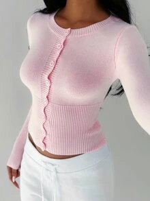 Autumina Women's Solid Color Casual Fitted Knit Cardigan, Versatile For Autumn - Baby Pink - View 7