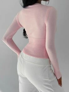 Autumina Women's Solid Color Casual Fitted Knit Cardigan, Versatile For Autumn - Baby Pink - View 2