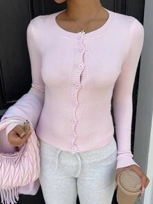 Autumina Women's Solid Color Casual Fitted Knit Cardigan, Versatile For Autumn - Baby Pink - View 8