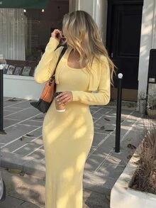 Autumina Women's Cream Yellow Fashion Sexy Slim Fit Long Dress, Date Daily Commute Outfit, Autumn/Winter Sweater 2 Pieces Set - Light Yellow - View 6