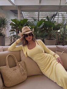 Autumina Women's Cream Yellow Fashion Sexy Slim Fit Long Dress, Date Daily Commute Outfit, Autumn/Winter Sweater 2 Pieces Set - Light Yellow - View 4