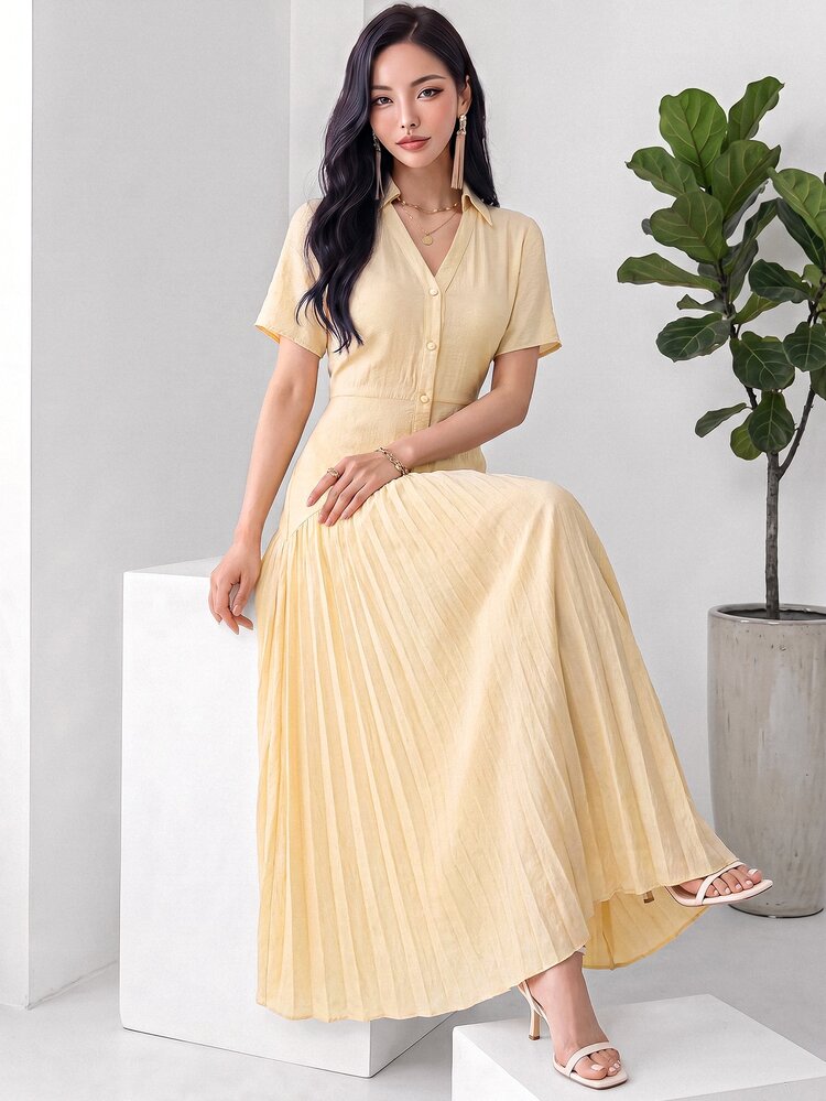 Heiryn Women's Solid Color Short Sleeve Single-Breasted Pleated Casual Long Dress Shirt - Yellow - View 2