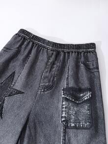 SHEIN [Denim Effect] Teen Girls 3pcs/Set Ombre Striped Flare Sleeve Cover Up, Solid Color Camisole, And Distressed Star Print Wide Leg Pants - Black - View 7