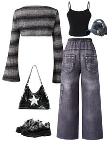 SHEIN [Denim Effect] Teen Girls 3pcs/Set Ombre Striped Flare Sleeve Cover Up, Solid Color Camisole, And Distressed Star Print Wide Leg Pants - Black - View 4