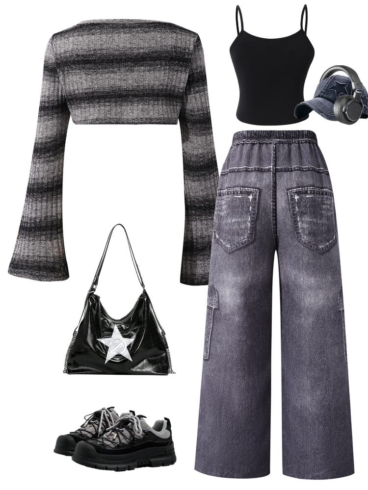 SHEIN [Denim Effect] Teen Girls 3pcs/Set Ombre Striped Flare Sleeve Cover Up, Solid Color Camisole, Star Print Wide Leg Pants Gray Black Summer Y2k - Black - View 3