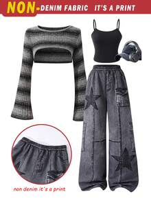 SHEIN [Denim Effect] Teen Girls 3pcs/Set Ombre Striped Flare Sleeve Cover Up, Solid Color Camisole, And Distressed Star Print Wide Leg Pants - Black - View 2