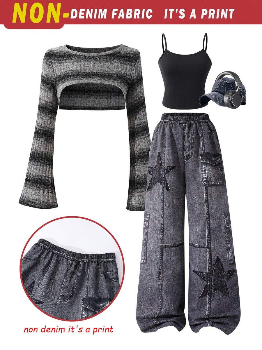 SHEIN [Denim Effect] Teen Girls 3pcs/Set Ombre Striped Flare Sleeve Cover Up, Solid Color Camisole, And Distressed Star Print Wide Leg Pants