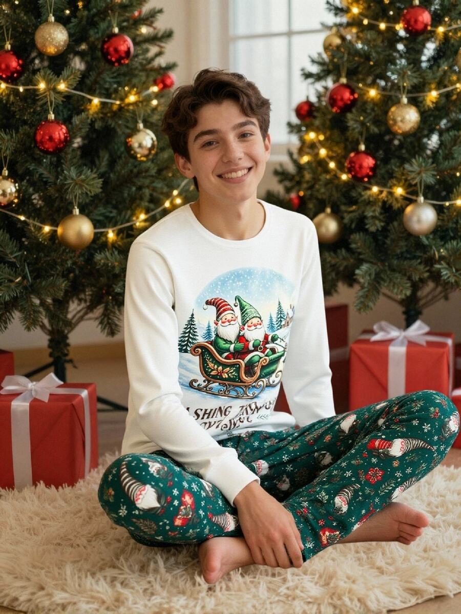 SHEIN 青少年秋冬男款 2件組彈性貼身長袖修身全印花聖誕睡衣 - 彩色 - 查看 1