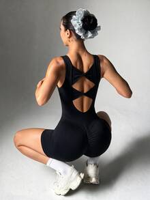 Slayform Slayform Women's Solid Color Back Twist Cutout Design Sleeveless Sports Romper - Black - View 1