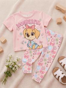 Baby Girl Casual Simple Cartoon Print Round Neck Loose Short Sleeve T-Shirt And Tight Leggings Set Suitable For Spring And Summer - Multicolor - View 3