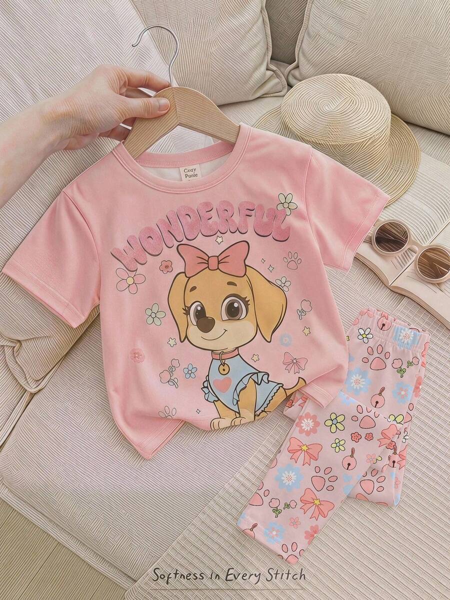 Baby Girl Casual Simple Cartoon Print Round Neck Loose Short Sleeve T-Shirt And Tight Leggings Set Suitable For Spring And Summer - Multicolor - View 1