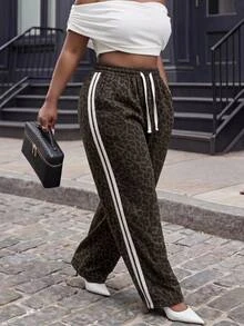 Muchica Plus Size Leopard Print Colorblock Striped Wide Leg Denim Jeans,Y2K Sport,Elastic Drawstring Waist ,Halloween,Christmas,Cute,Going Out,Back To School - Brown - View 4