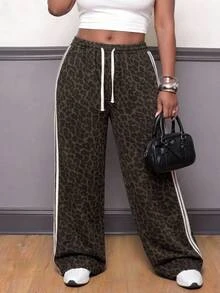 Muchica Plus Size Leopard Print Colorblock Striped Wide Leg Denim Jeans,Y2K Sport,Elastic Drawstring Waist ,Halloween,Christmas,Cute,Going Out,Back To School - Brown - View 5
