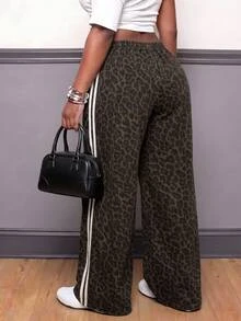 Muchica Plus Size Leopard Print Colorblock Striped Wide Leg Denim Jeans,Y2K Sport,Elastic Drawstring Waist ,Halloween,Christmas,Cute,Going Out,Back To School - Brown - View 6