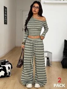 Coolane 女款日常穿著必備針織彈性舒適不對稱領長袖上衣與寬腿運動長褲兩件套 - 彩色 - 查看 6