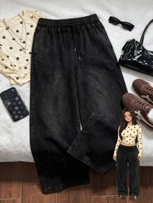 Comfortcana Plus Size All Season Vintage Washed Drawstring Black Casual Sweatpants - Black - View 2