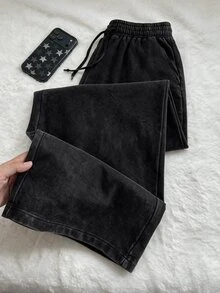 Comfortcana Plus Size All Season Vintage Washed Drawstring Black Casual Sweatpants - Black - View 6