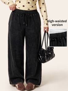 Comfortcana Plus Size All Season Vintage Washed Drawstring Black Casual Sweatpants - Black - View 1