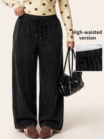 Comfortcana Plus Size All Season Vintage Washed Drawstring Black Casual Sweatpants