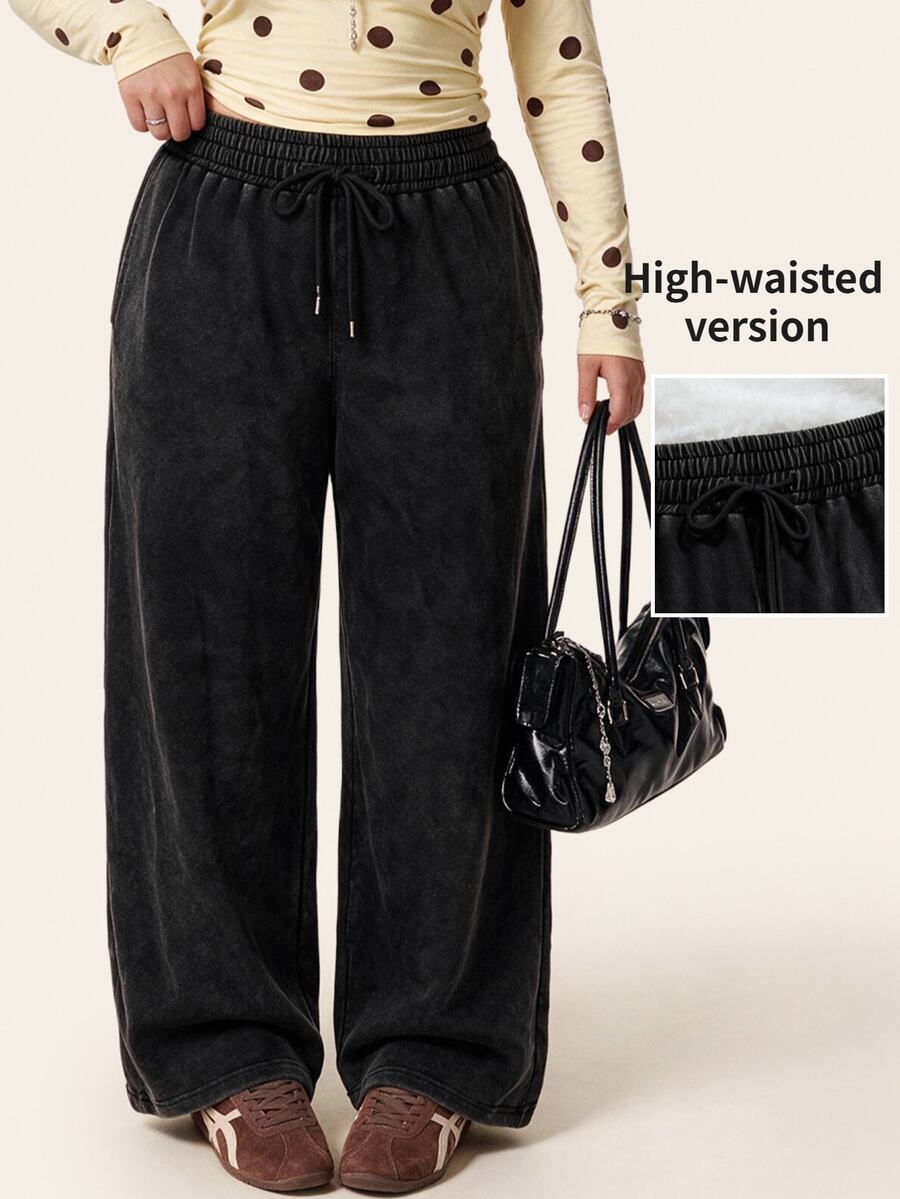 Comfortcana Plus Size All Season Vintage Washed Drawstring Black Casual Sweatpants - Black - View 1