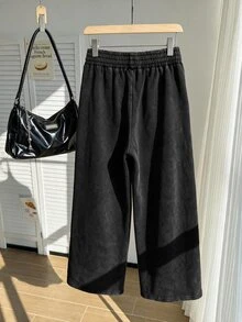 Comfortcana Plus Size All Season Vintage Washed Drawstring Black Casual Sweatpants - Black - View 3