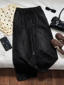 Comfortcana Plus Size All Season Vintage Washed Drawstring Black Casual Sweatpants - Black - View 7