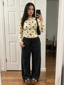 Comfortcana Plus Size All Season Vintage Washed Drawstring Black Casual Sweatpants - Black - View 5