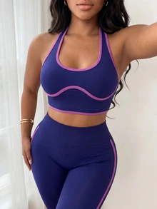 SHEIN Sports Women's Casual Sports Halter Neck Tank Top & High Waist Leggings Set - Pink - View 6