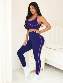 SHEIN Sports Women's Casual Sports Halter Neck Tank Top & High Waist Leggings Set - Pink - View 4