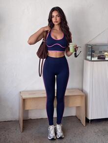 SHEIN Sports Women's Casual Sports Halter Neck Tank Top & High Waist Leggings Set - Pink - View 7