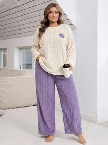 SHEIN CURVE+ 大尺碼女款長袖上衣寬鬆長褲居家休閒套裝 秋冬 米色 紫色 休閒可愛日系仙氣 正式 - 紫色 - 查看 3