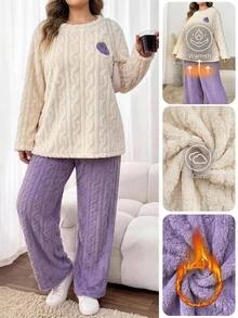 SHEIN CURVE+ 大尺碼女款長袖上衣寬鬆長褲居家休閒套裝 秋冬 米色 紫色 休閒可愛日系仙氣 正式 - 紫色 - 查看 2