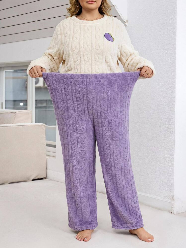 SHEIN CURVE+ Plus Size Women's Long Sleeve Top Loose Pants Loungewear Set Autumn/Winter Fall Lounge Home Beige Violet Casual Cute Kawaii Fairy Formal - Purple - View 5