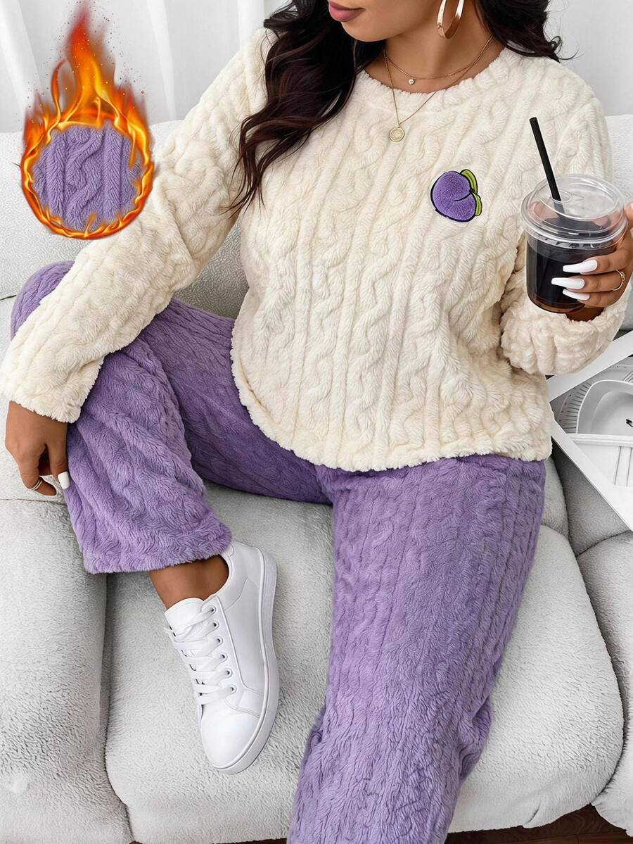 SHEIN CURVE+ 大尺碼女款長袖上衣寬鬆長褲居家休閒套裝 秋冬 米色 紫色 休閒可愛日系仙氣 正式 - 紫色 - 查看 1